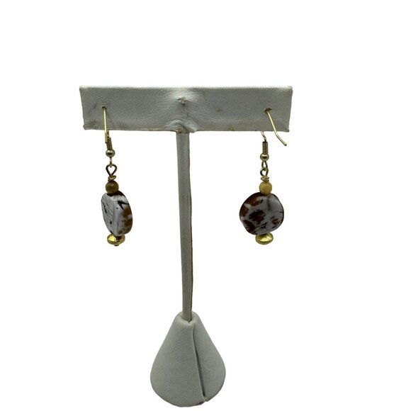 Handcrafted Dangle Earrings With Marbled Brown & White Beads - Picture 4 of 5